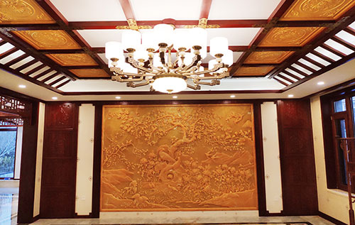 长丰中式别墅客厅中式木作横梁吊顶装饰展示